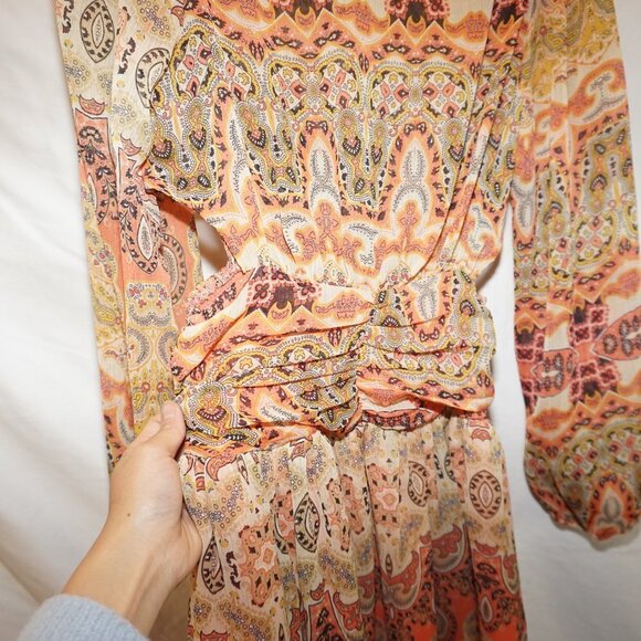 MNG Mango Sheer Gauze Paisley Side Cut-out Print Ruffled Dress 2 Festival Boho - Picture 4 of 13